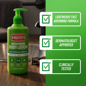 O'Keeffe's Hardworking Body Lotion 12 oz pump in bathroom setting
