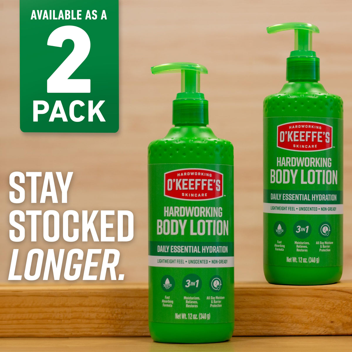 O'Keeffe's Hardworking Body Lotion 12 oz pump with hands applying