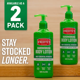 O'Keeffe's Hardworking Body Lotion 12 oz pump with hands applying
