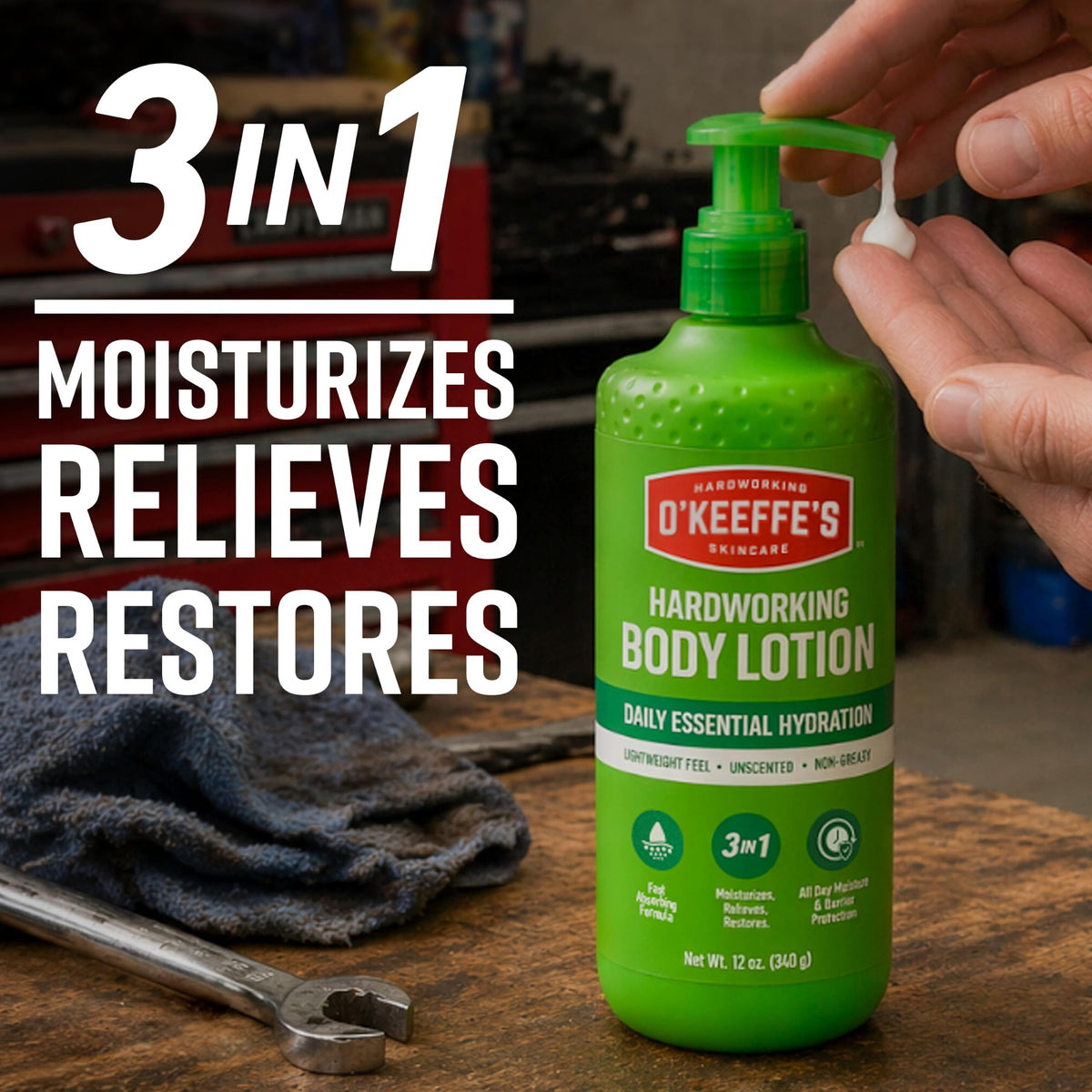 O'Keeffe's Hardworking Body Lotion 12 oz pump with texture close-up