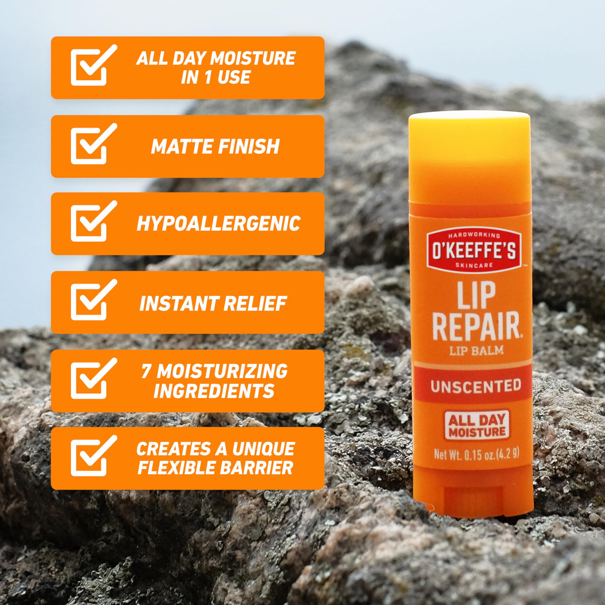 O'Keeffe's Lip Repair Balm Stick applied on lips