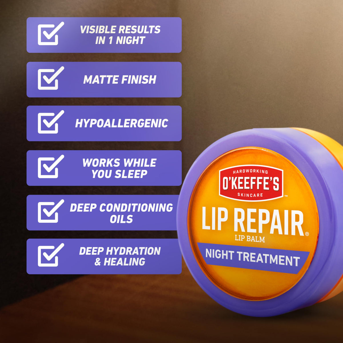 O'Keeffe's Lip Repair Night Balm on a bedside table