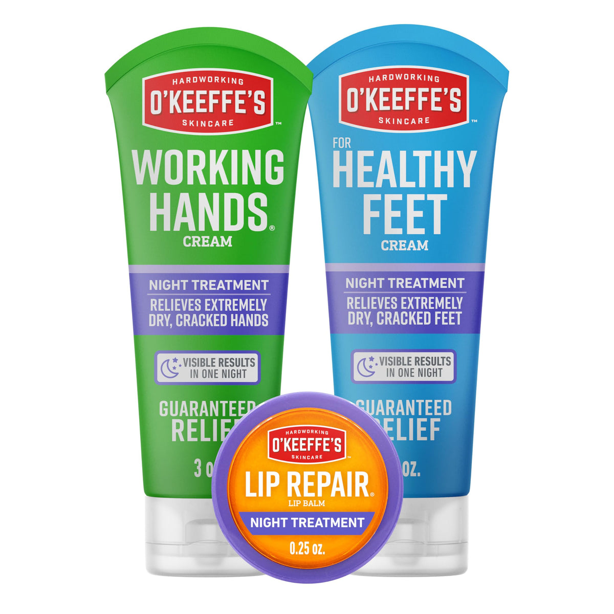 O'Keeffe's Night Combo Pack including hand cream, foot cream, and lip balm