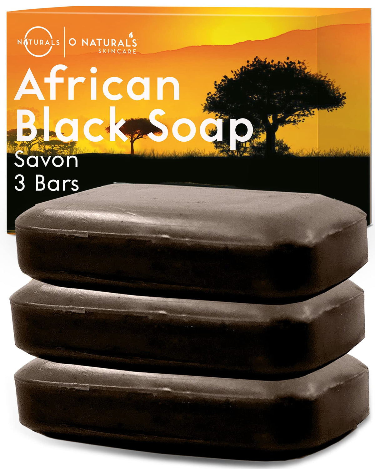 O NATURALS African Black Soap Bar 3 Pack front view