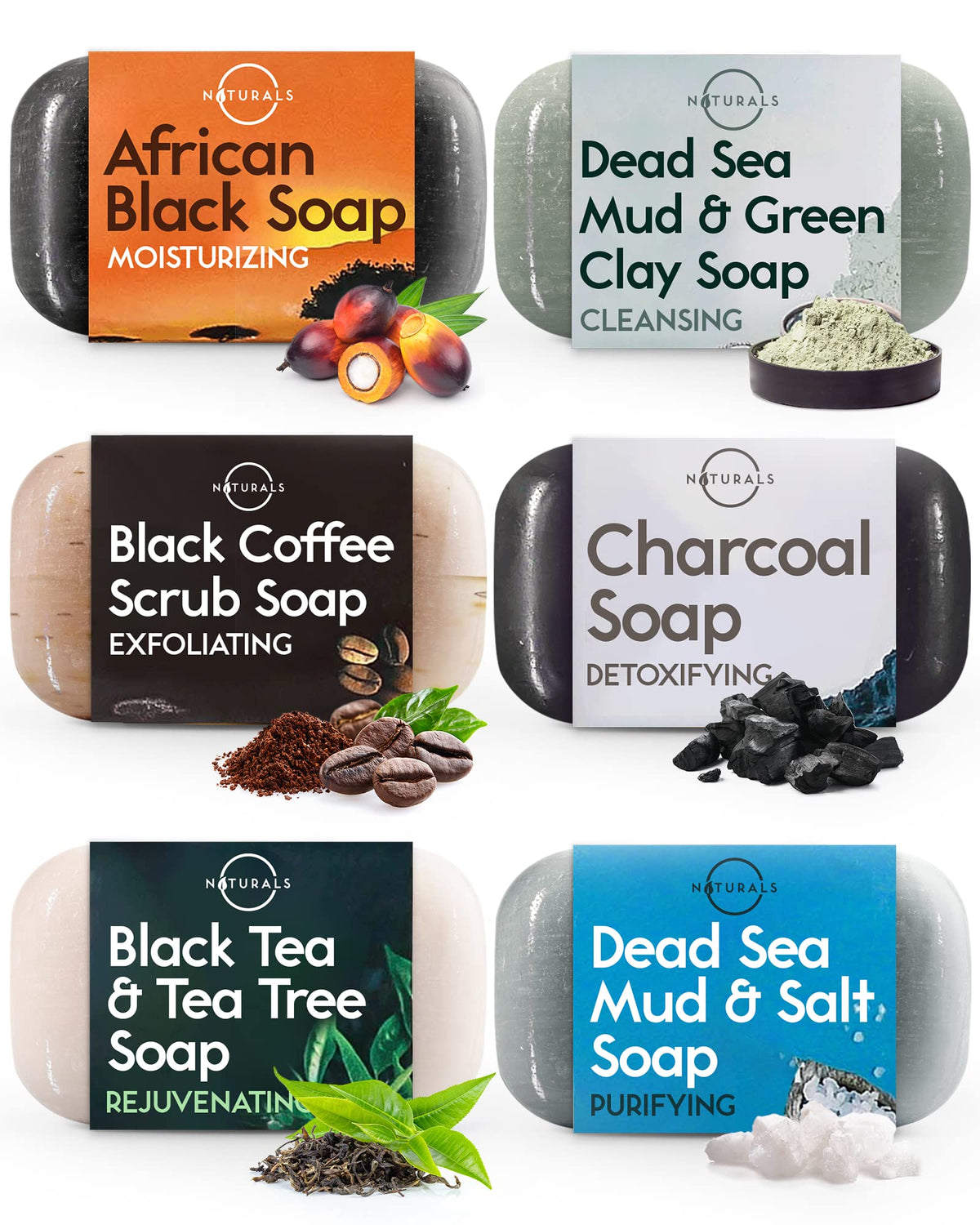 O NATURALS Black Soap Bar Collection front view with six assorted soaps