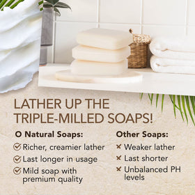 O NATURALS Coconut Shea Butter Soap Bar displayed with natural ingredients