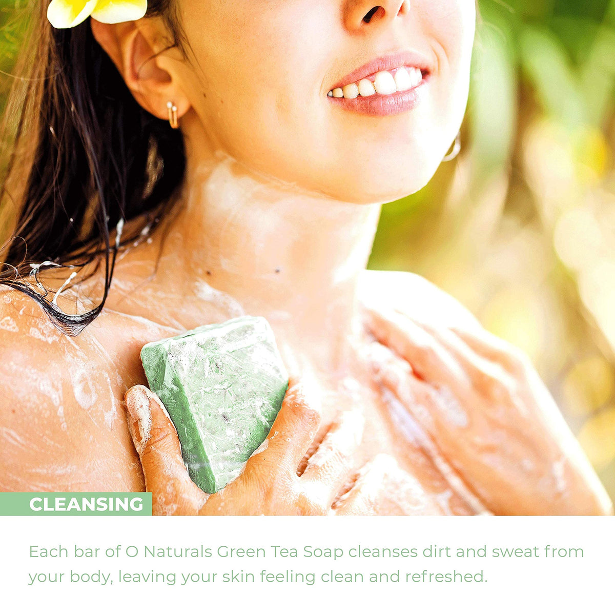 O NATURALS Green Tea Soap Bar showing lather on skin