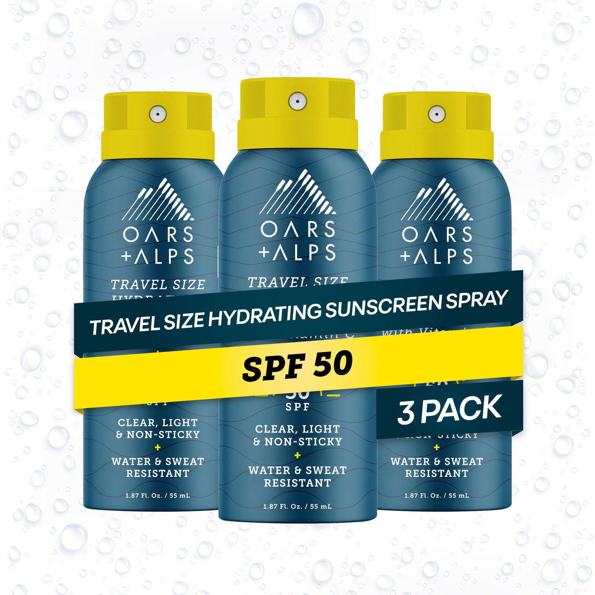 Oars + Alps SPF 50 Travel Body Sunscreen Spray 3-pack front view
