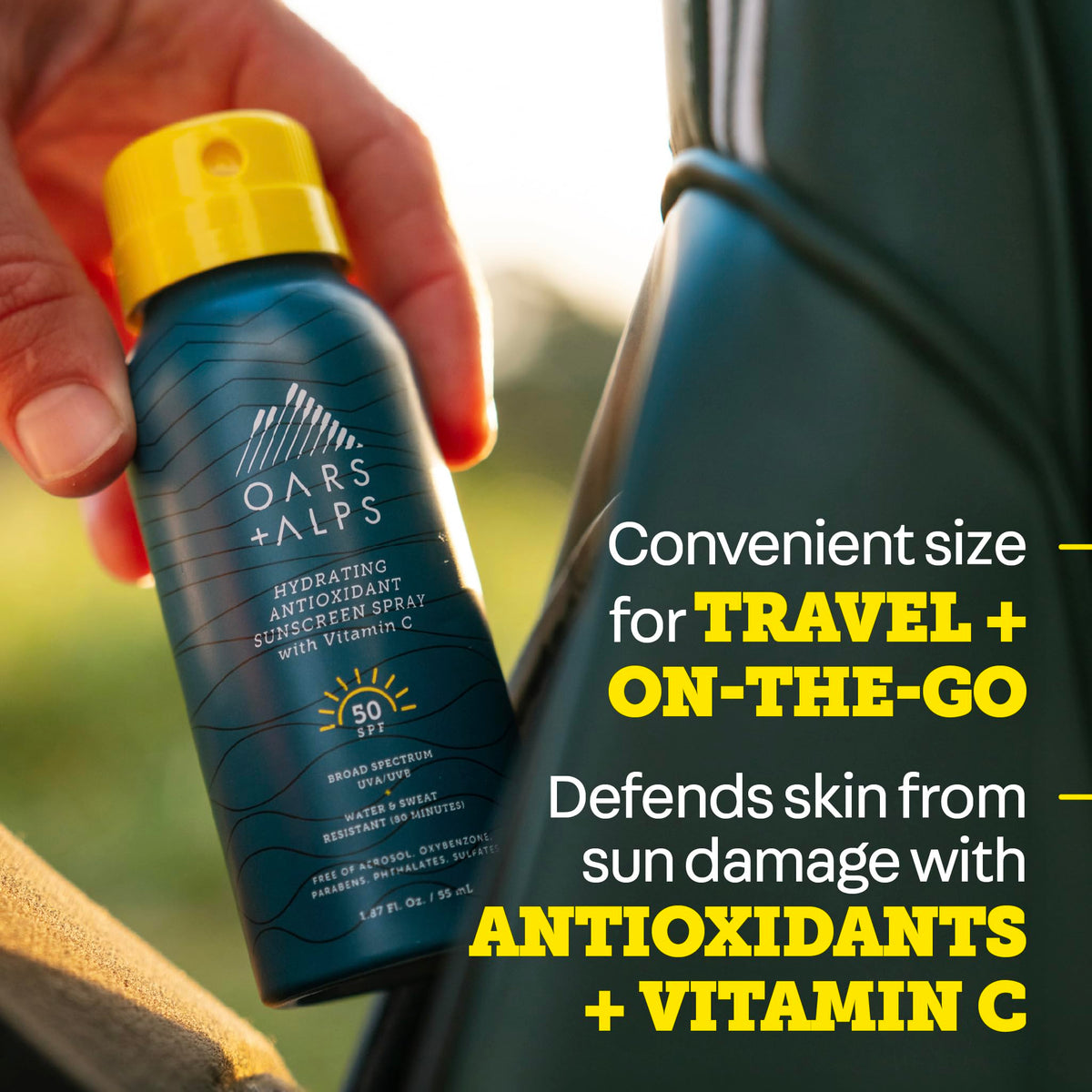 Oars + Alps sunscreen spray showing 360-degree application