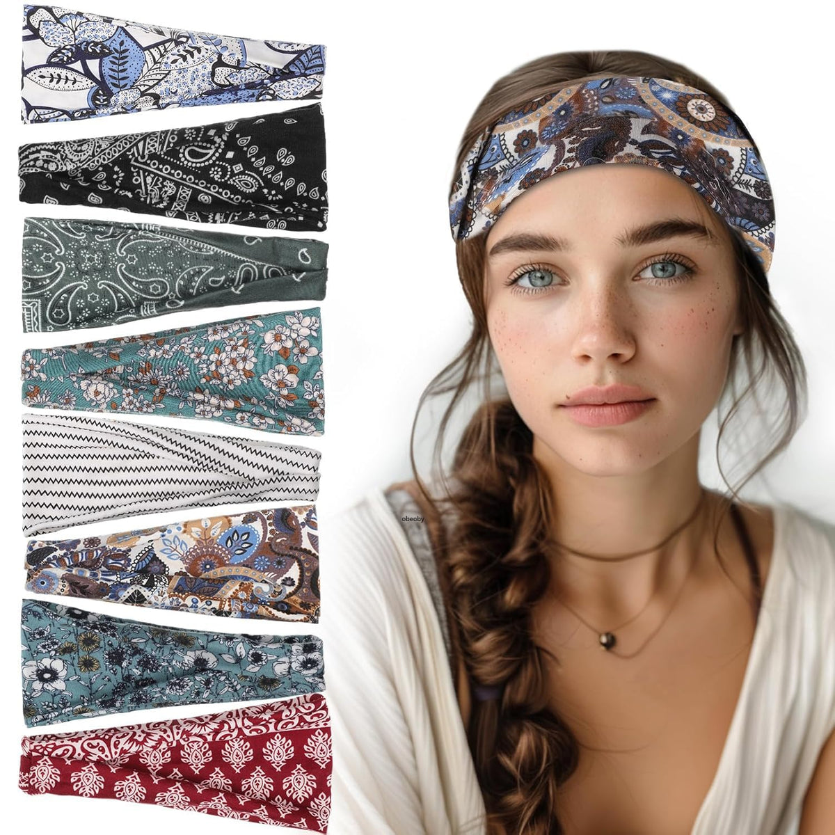obeoby 8 Pack Boho Style Headbands assorted prints front view