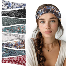 obeoby 8 Pack Boho Style Headbands assorted prints front view