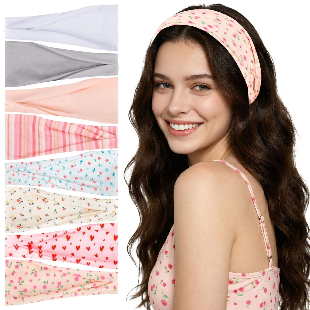 obeoby 8 Pack Knotted Headbands assorted floral and striped designs, front view