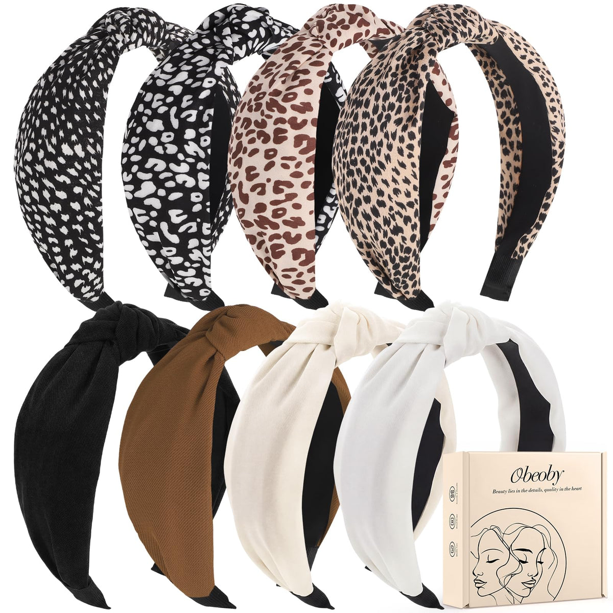 obeoby 8 Pcs Leopard Knotted Headbands assorted colours front view