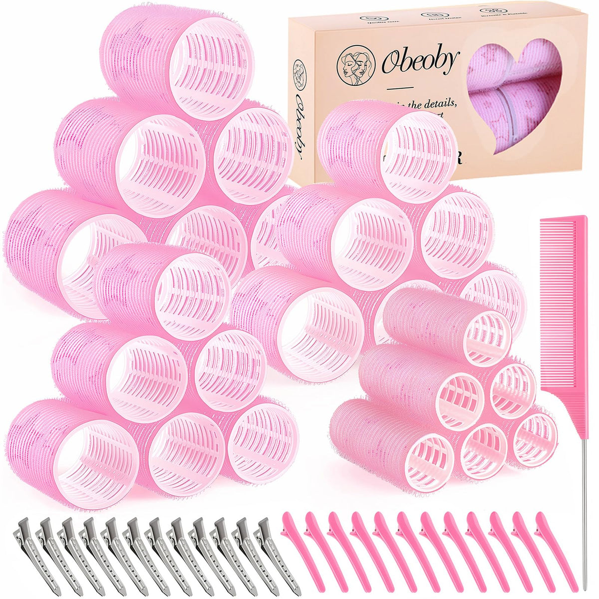 obeoby Hair Rollers Set 24 pieces with pink rollers and clips
