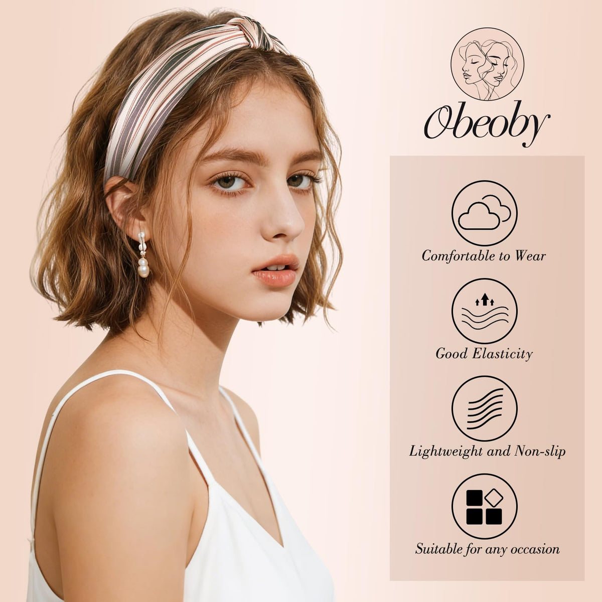 obeoby Plaid Knotted Headband worn with loose hair