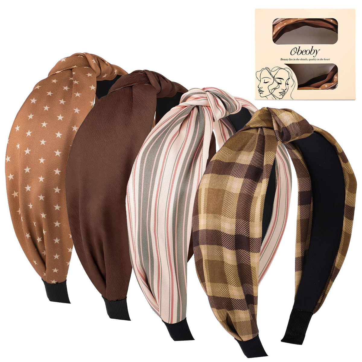 obeoby Plaid Knotted Headbands 4-Pack in brown colours front view