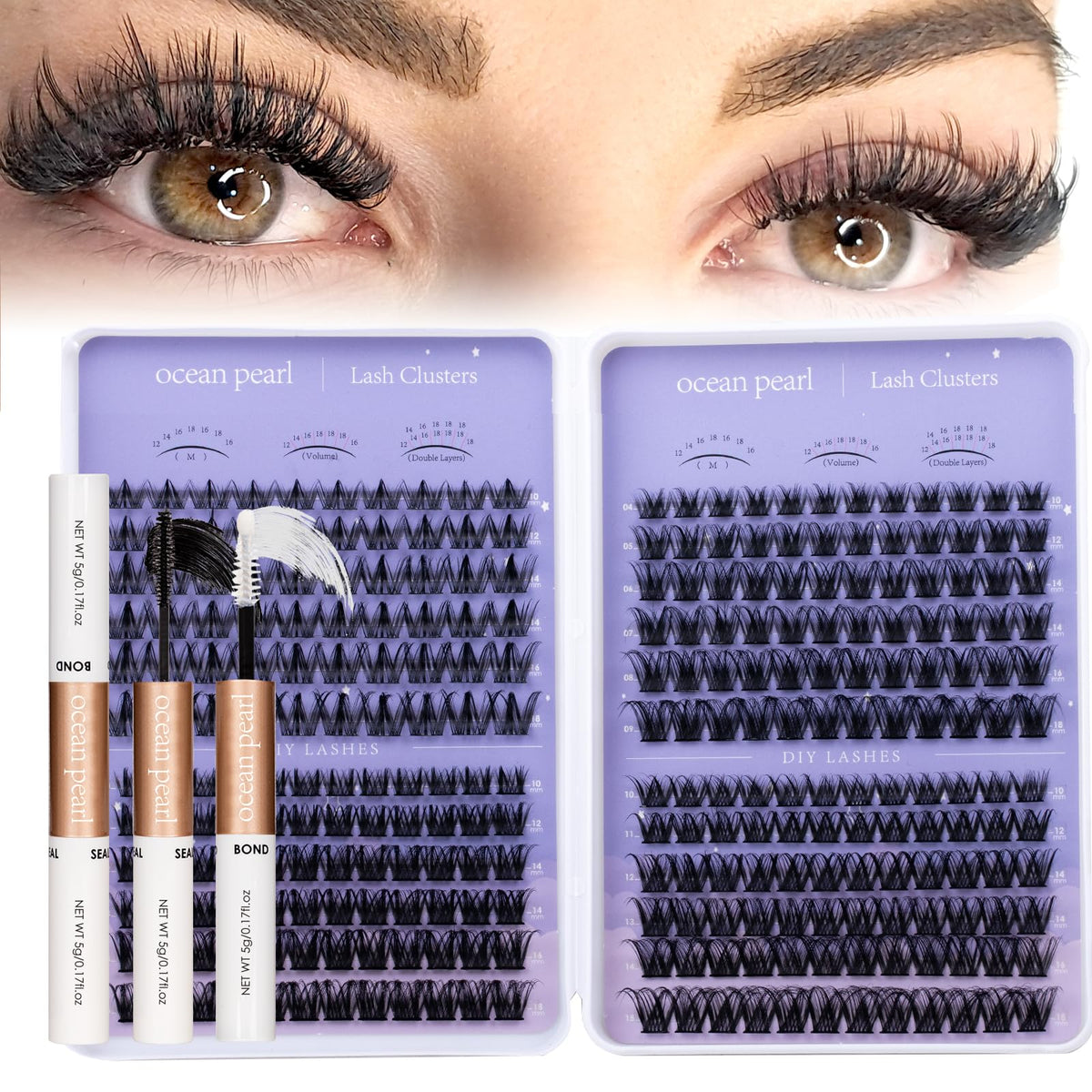 Ocean Pearl Lash Clusters Kit front view with various lash styles