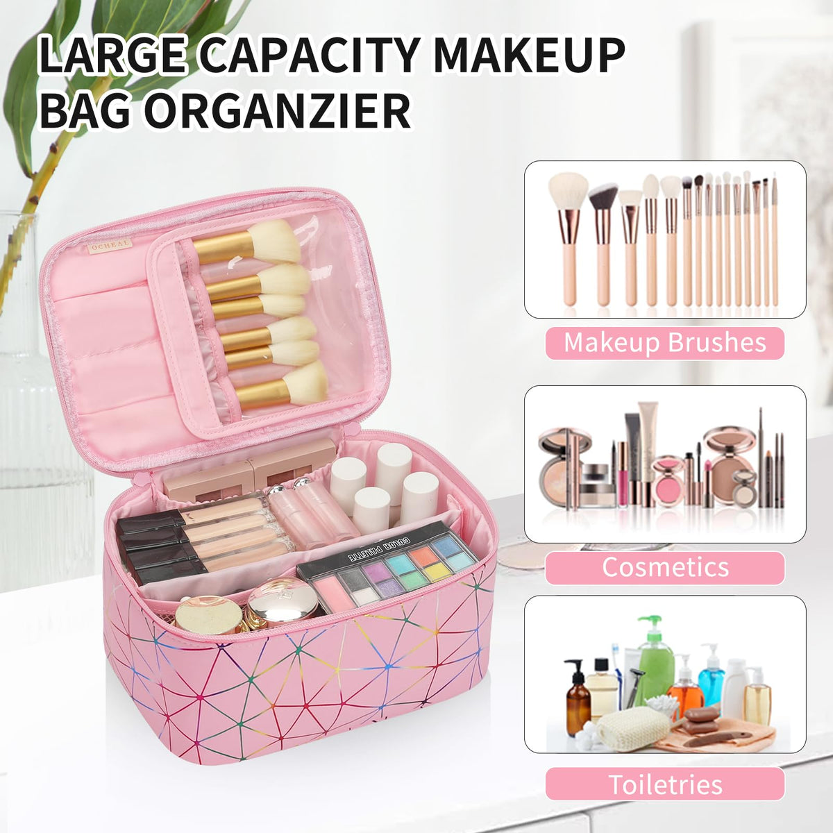 OCHEAL Makeup Bag back view with additional pocket