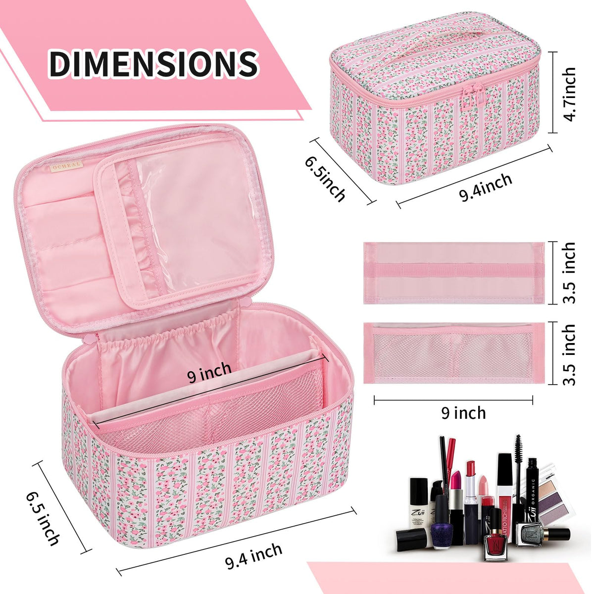 OCHEAL Makeup Bag dimensions displayed with a ruler