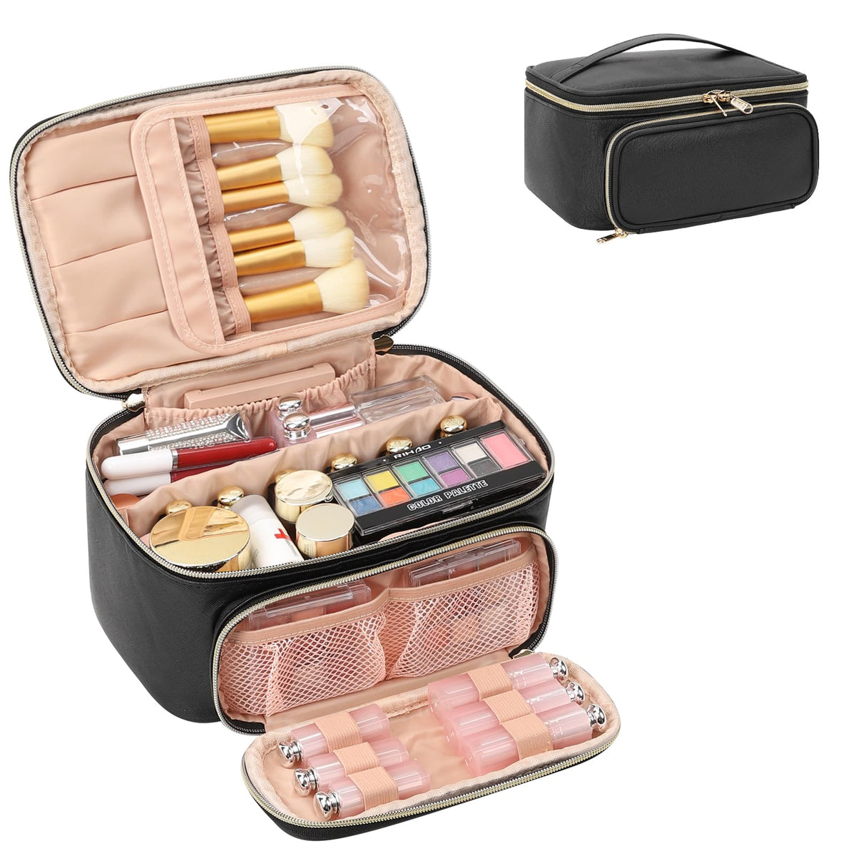 OCHEAL Makeup Bag front view black with zipper