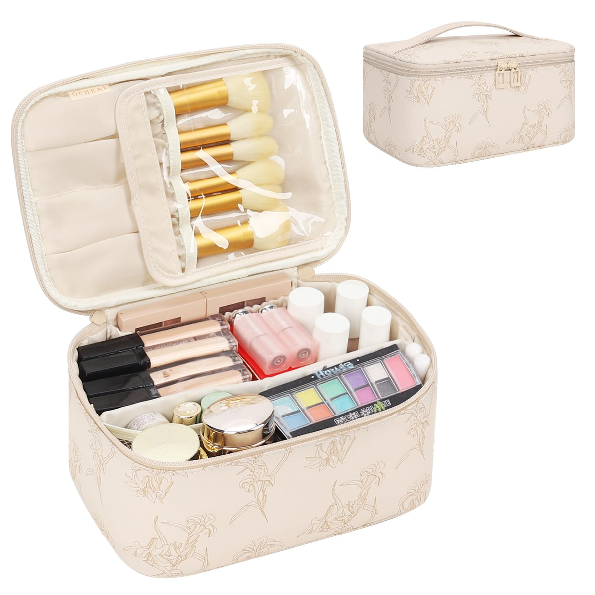 OCHEAL Makeup Bag front view in beige floral design