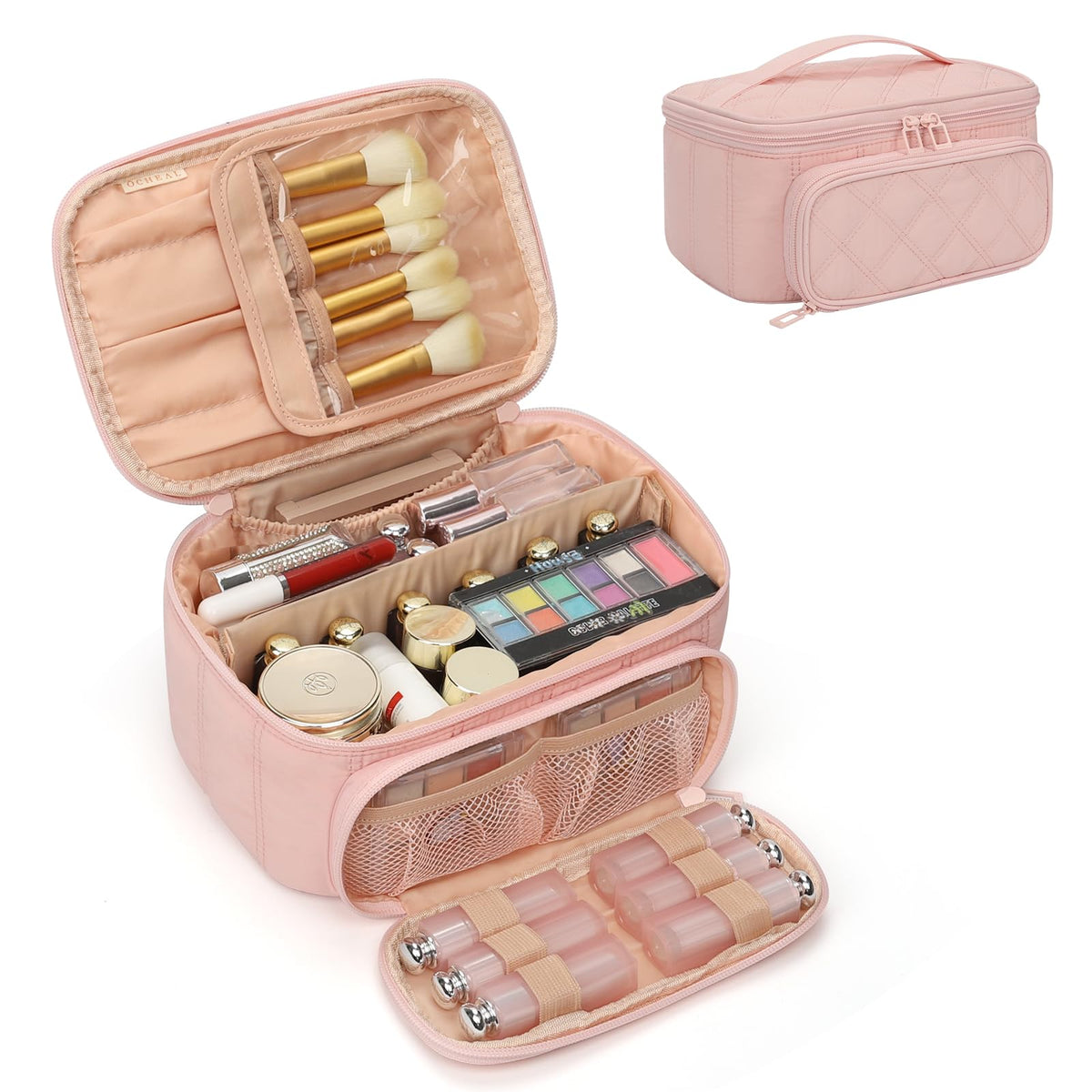 OCHEAL Makeup Bag front view in pink with handle