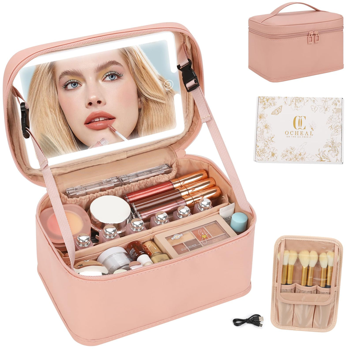 OCHEAL Makeup Bag front view in pink with LED mirror