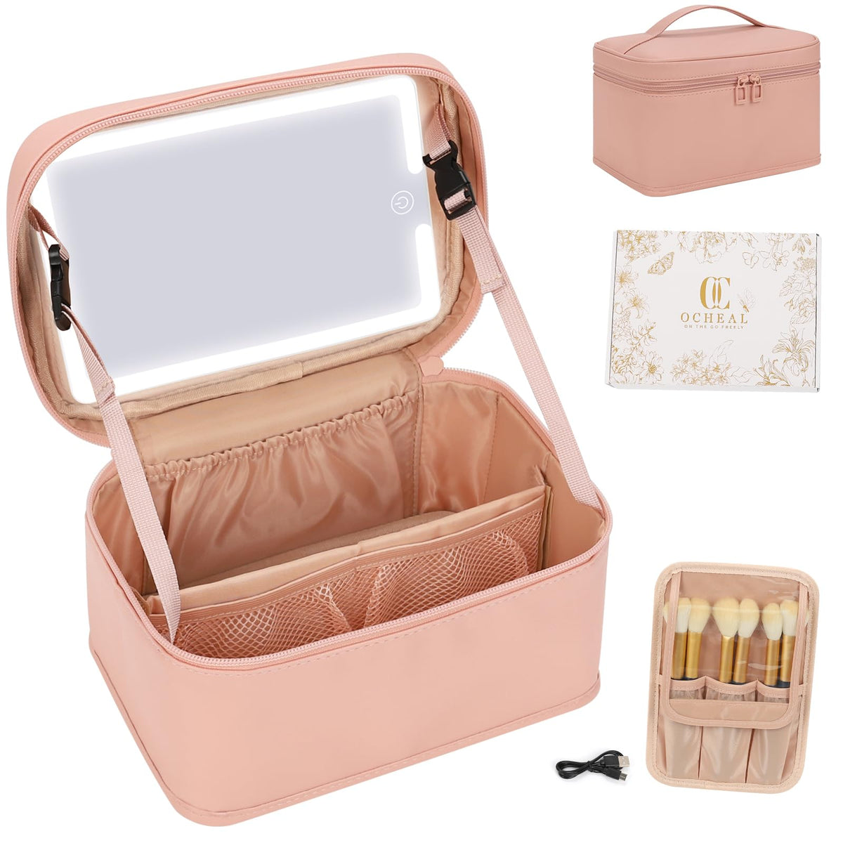OCHEAL Makeup Bag in a stylish travel setting on a suitcase