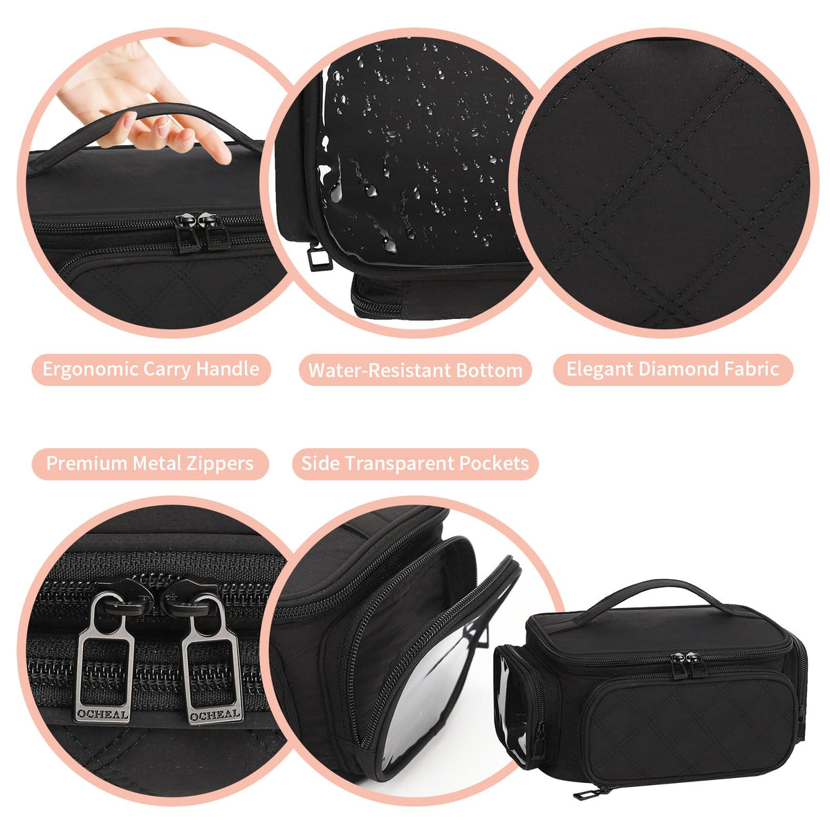 OCHEAL Makeup Bag in black with dual-zip closure
