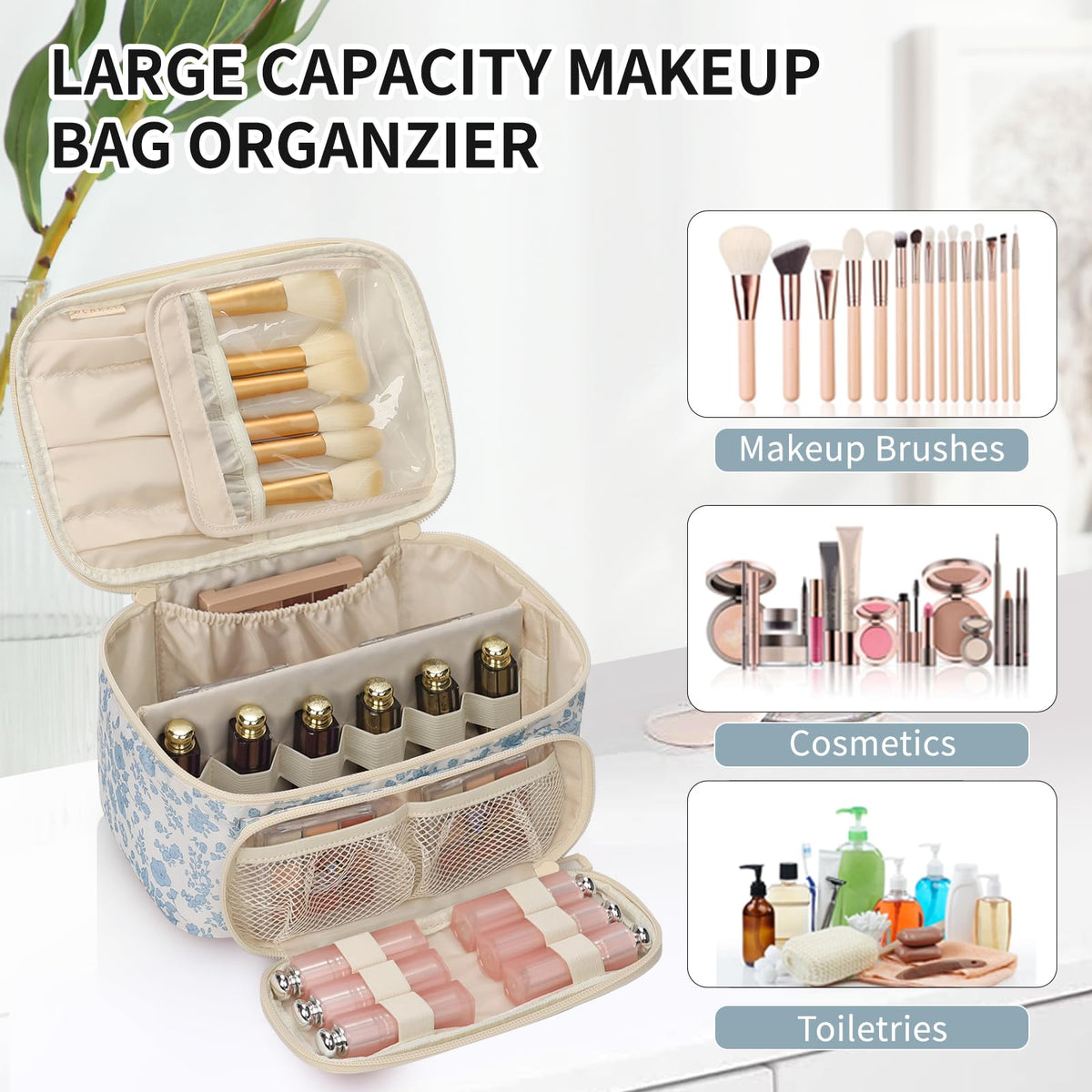 OCHEAL Makeup Bag in travel setting with cosmetics