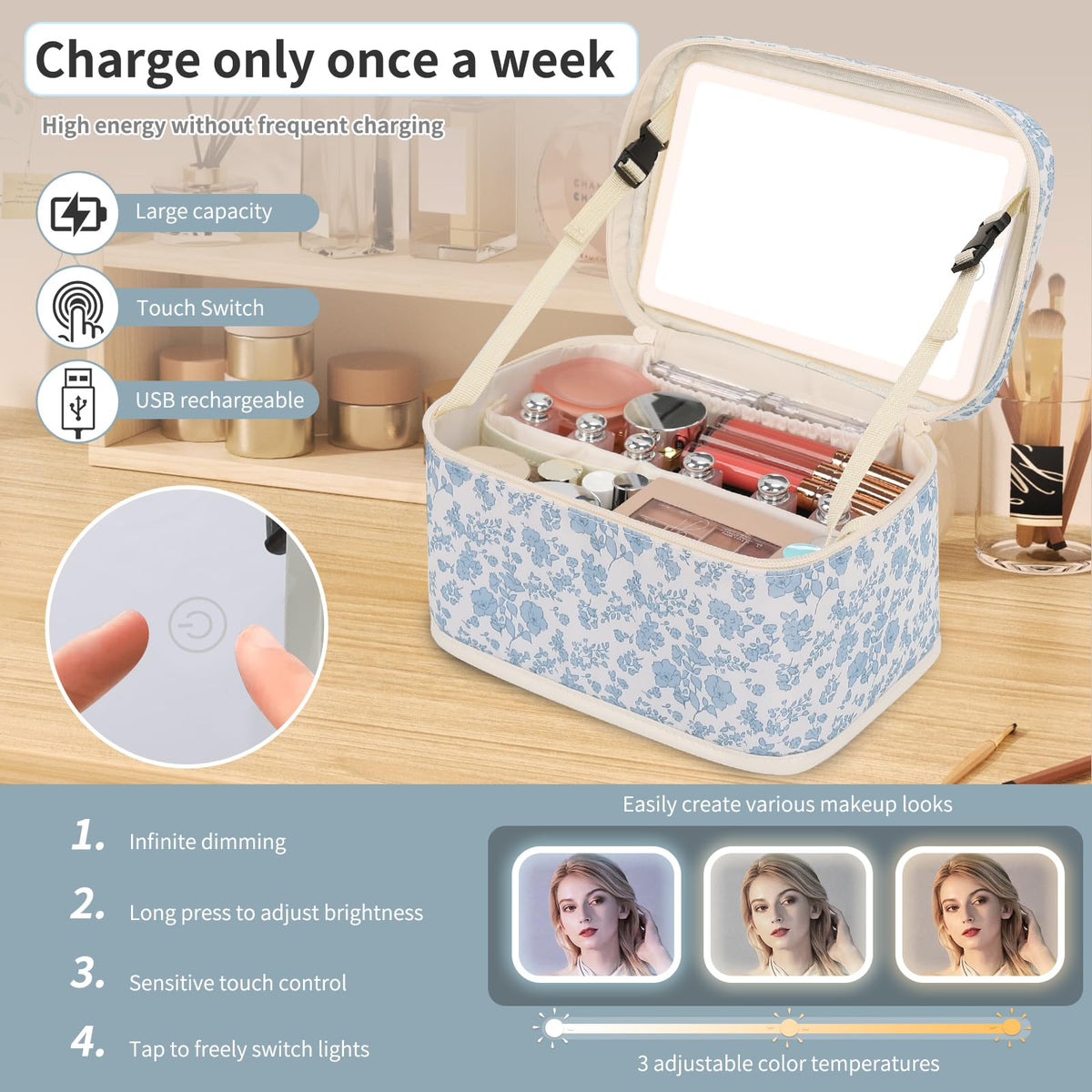 OCHEAL Makeup Bag LED mirror with light settings