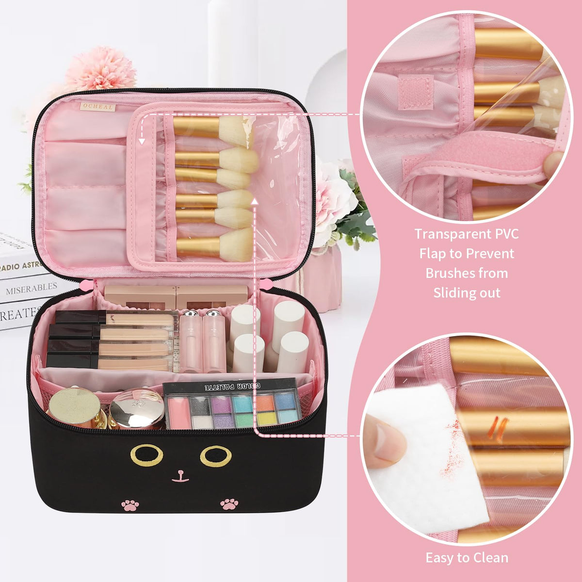 OCHEAL Makeup Bag open with cosmetics inside