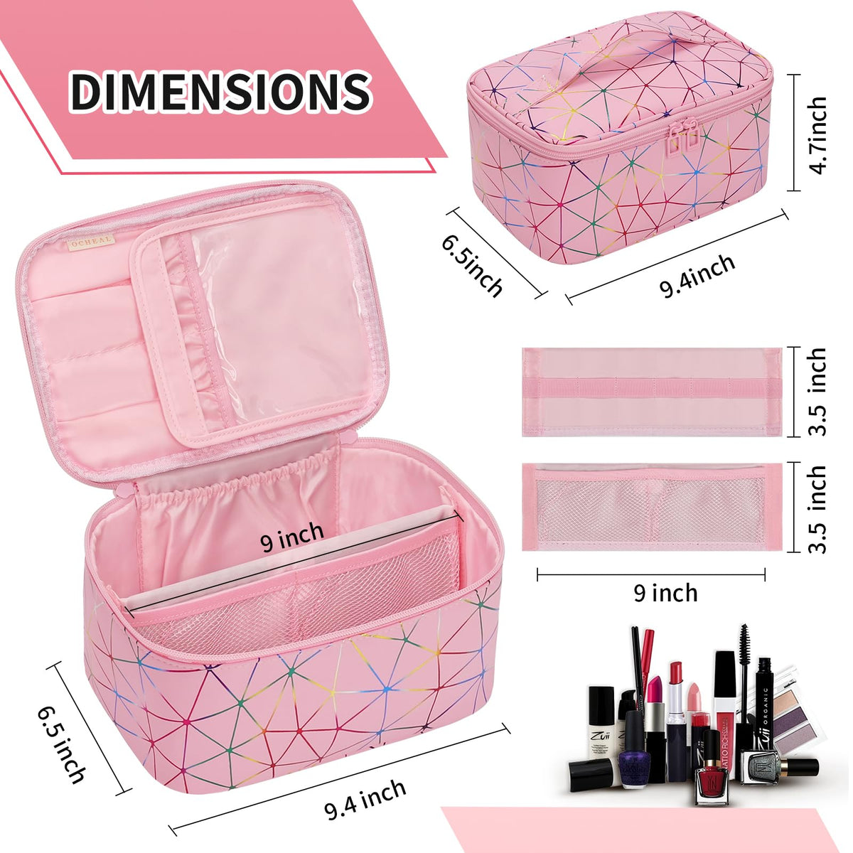 OCHEAL Makeup Bag opened with cosmetics inside