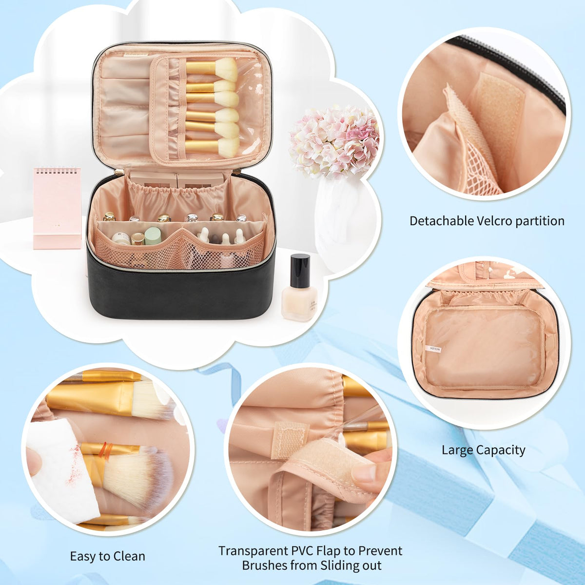 OCHEAL Makeup Bag Set large bag side view with smooth zipper