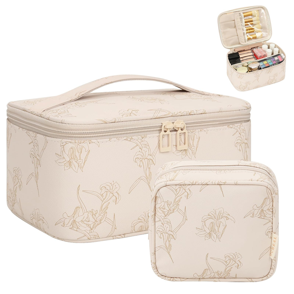 OCHEAL Makeup Bag Set large beige bag front view
