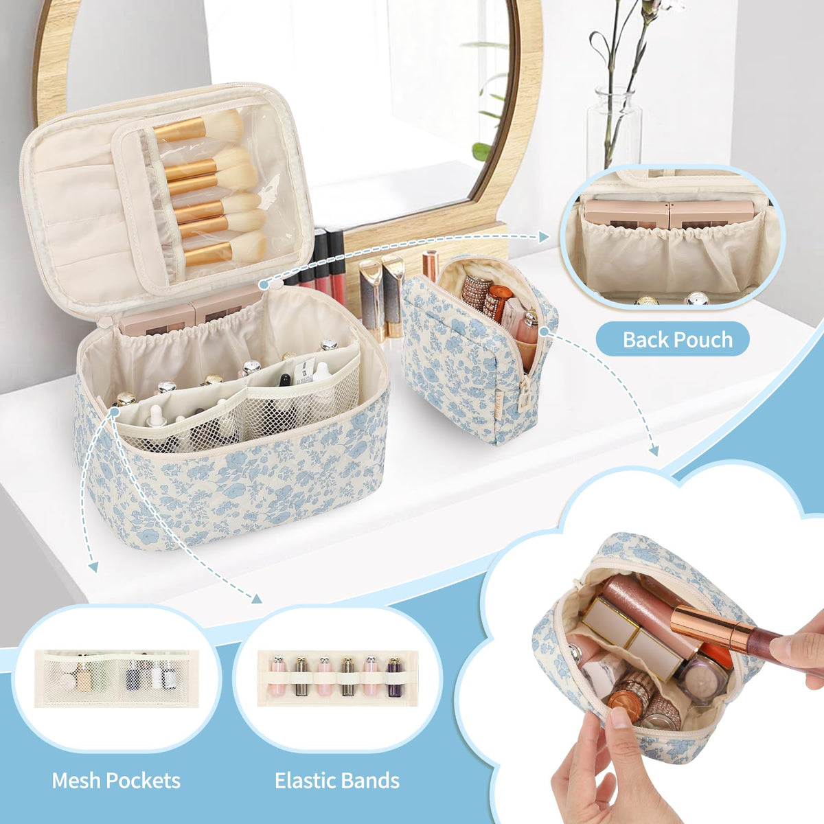 OCHEAL Makeup Bag Set showing inner pockets and organization