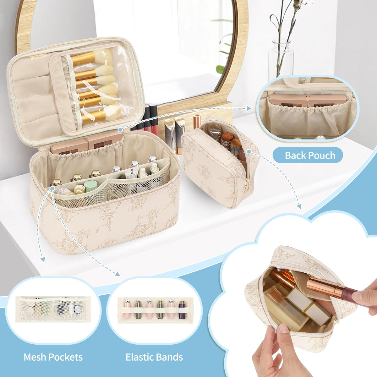 OCHEAL Makeup Bag Set small beige pouch front view