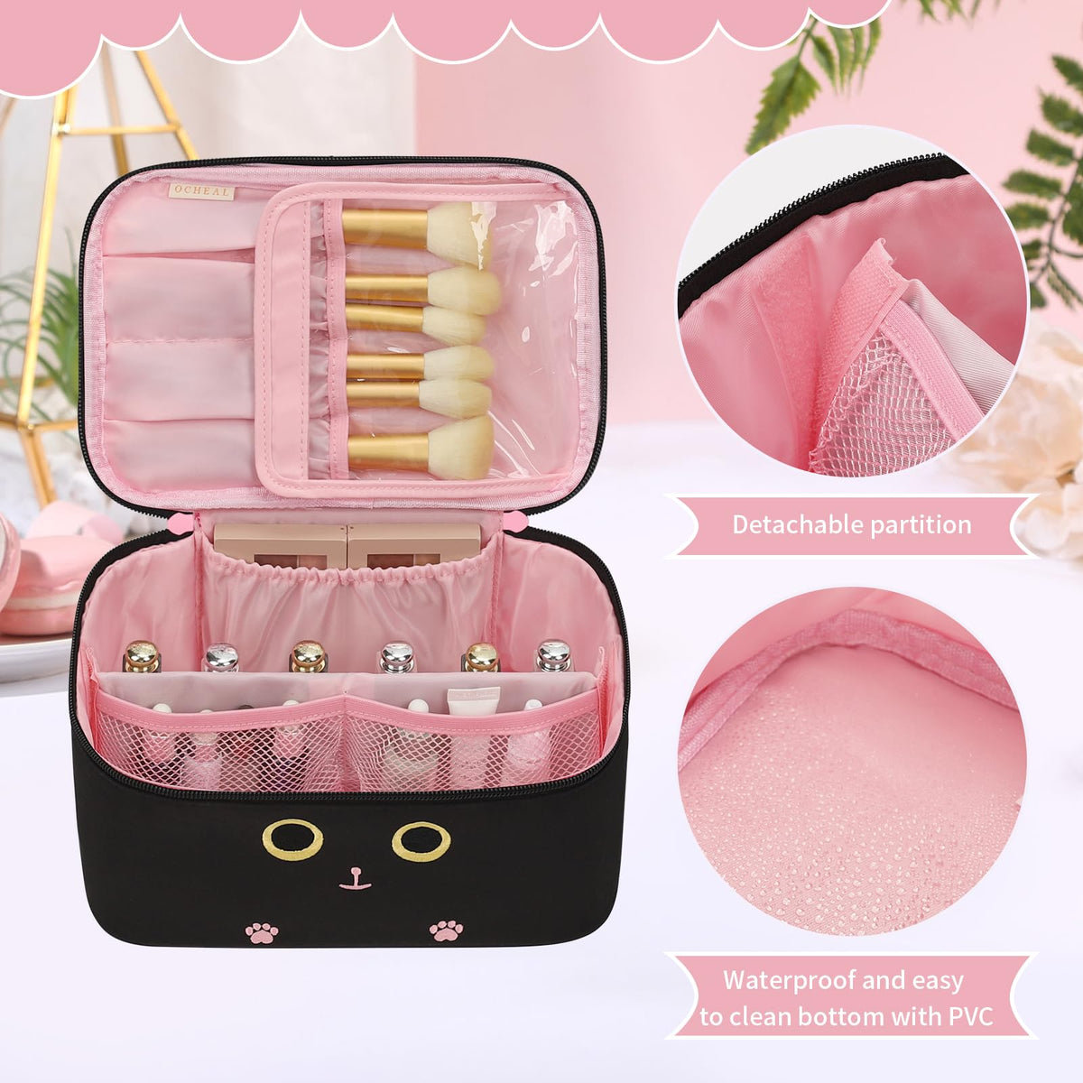 OCHEAL Makeup Bag showing flexible Velcro dividers