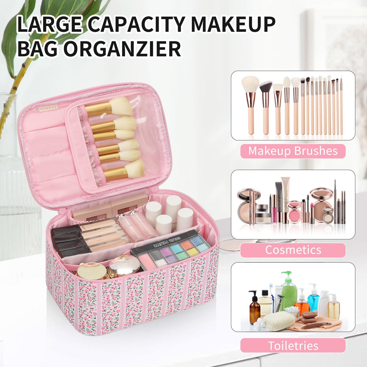 OCHEAL Makeup Bag showing separate brushes compartment