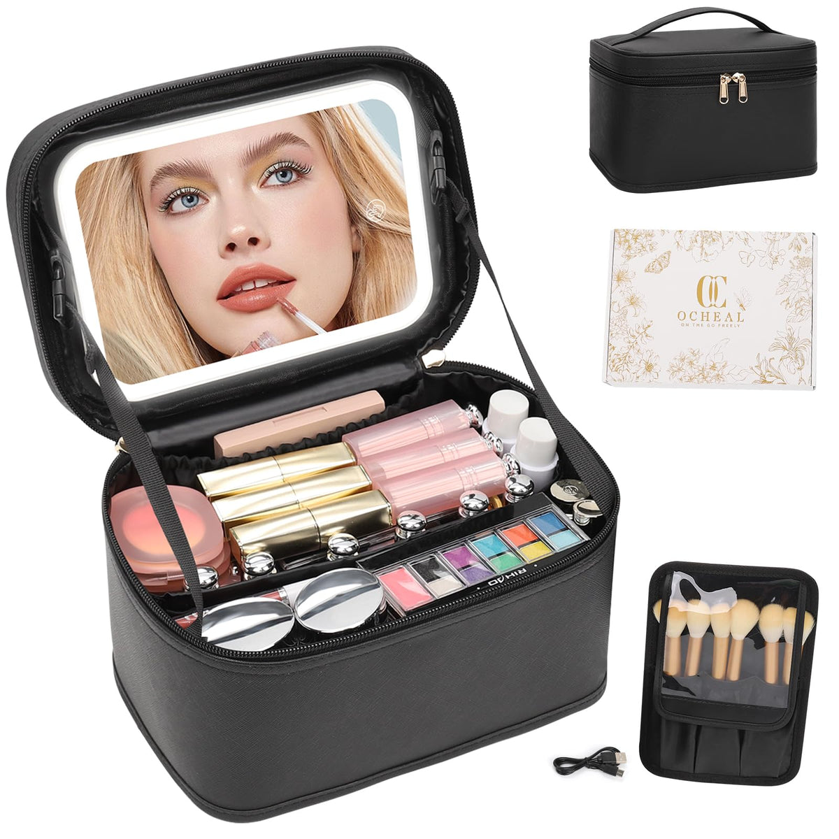 OCHEAL Makeup Bag with LED mirror front view, black