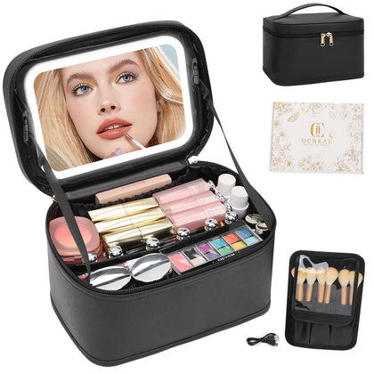 OCHEAL Makeup Bag with LED mirror front view, black