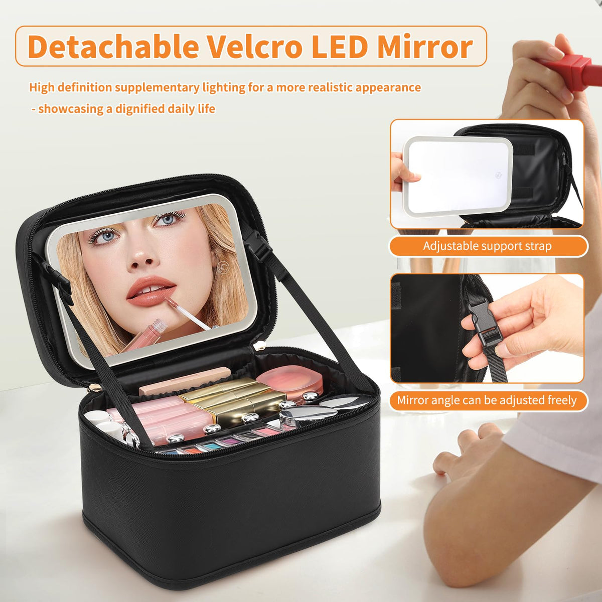 OCHEAL Makeup Bag with LED mirror in use, showcasing lighting
