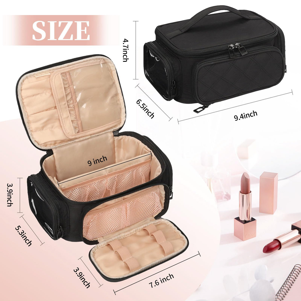OCHEAL Makeup Bag with lipstick slots and mesh pockets