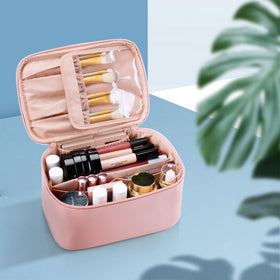 OCHEAL Pink Makeup Bag displayed with various cosmetics inside