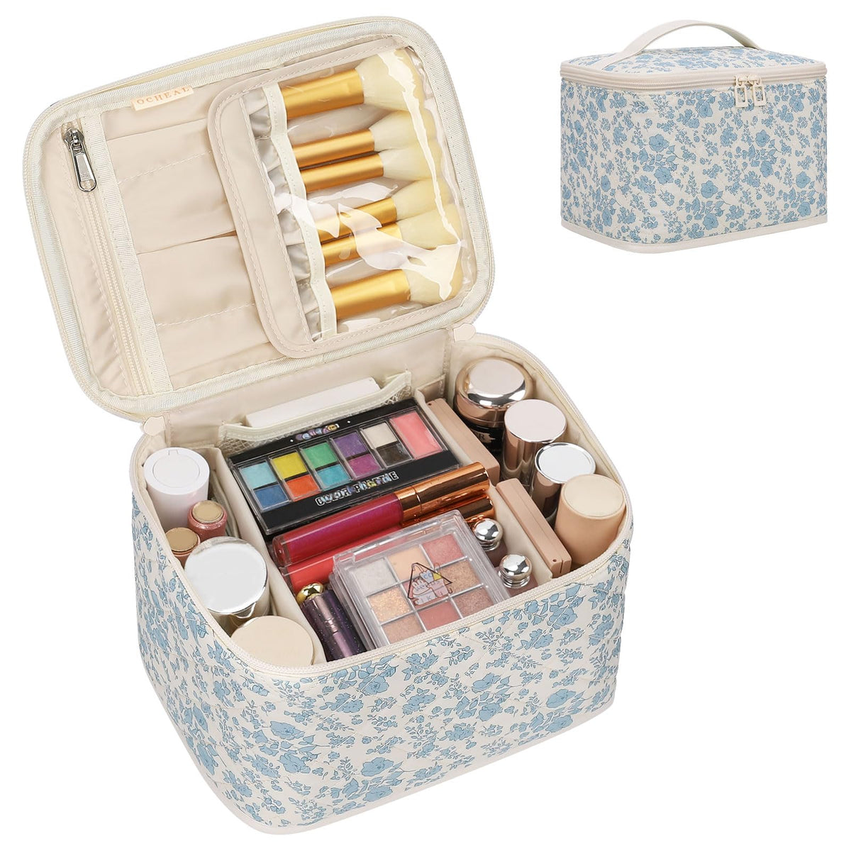 OCHEAL Travel Makeup Bag blue floral design front view