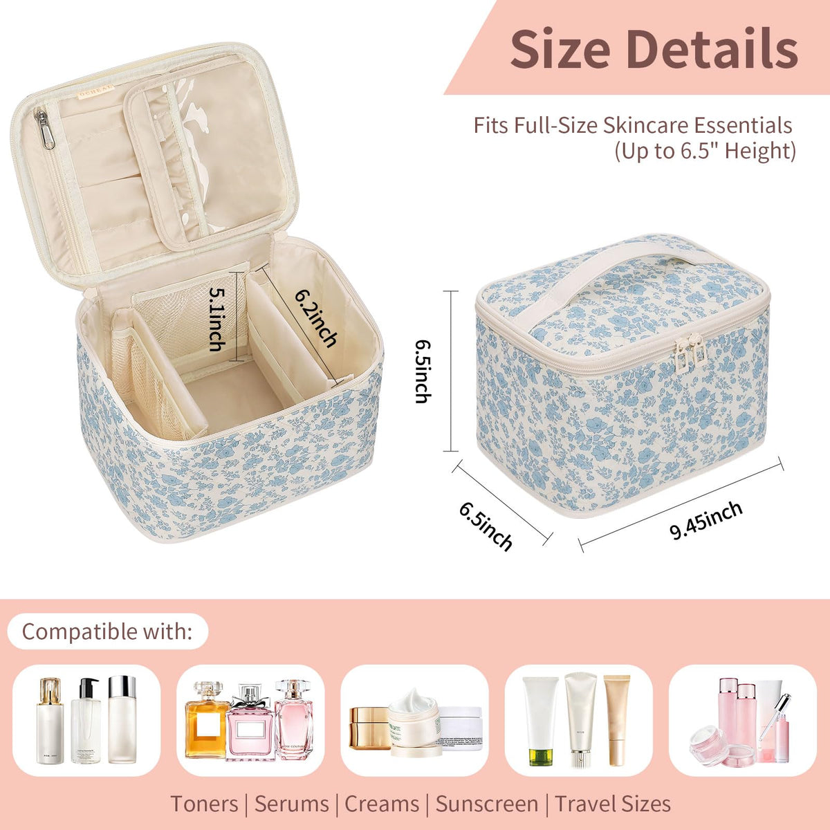 OCHEAL Travel Makeup Bag with toiletries and cosmetics inside