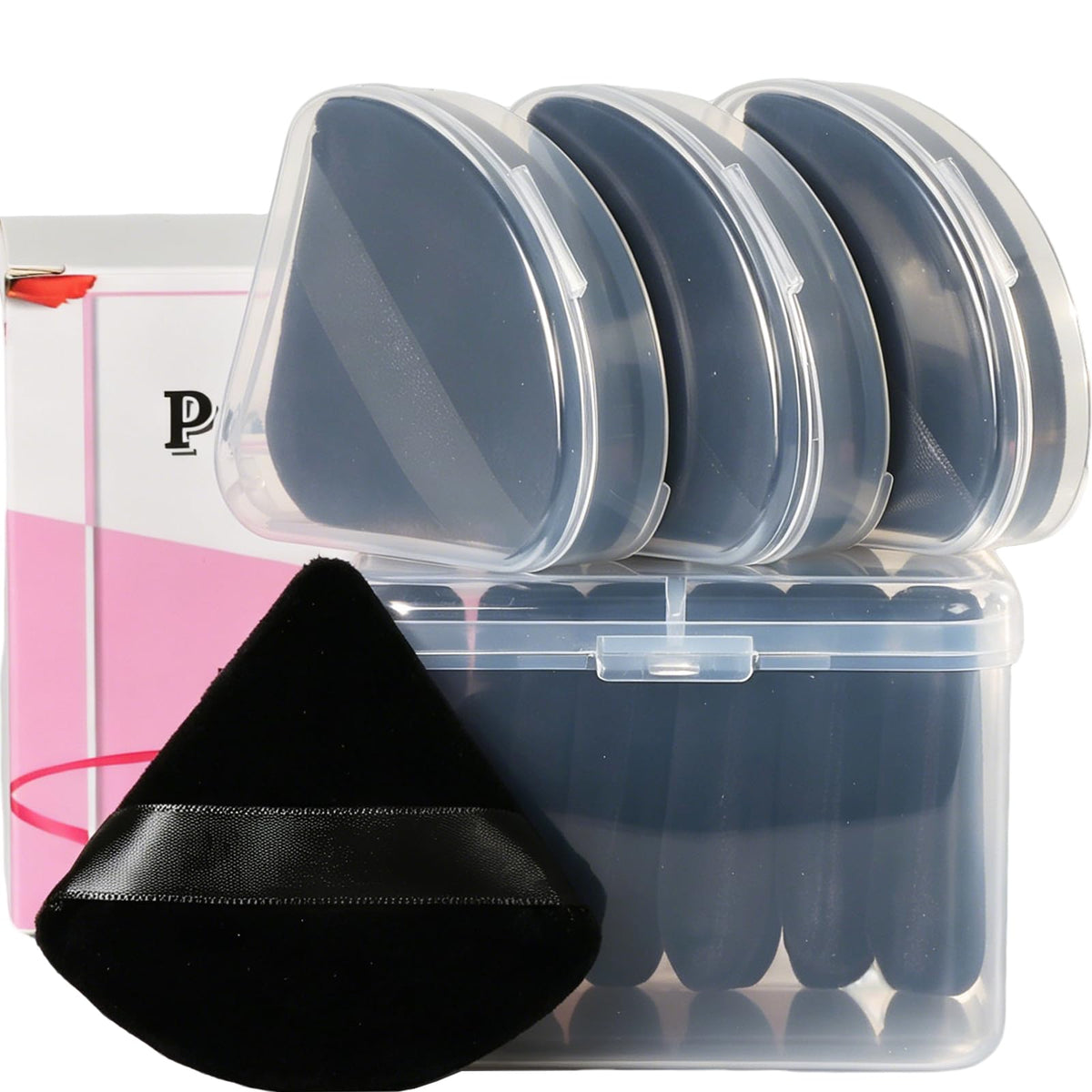 Ocim Triangle Powder Puff Set with case, black puffs