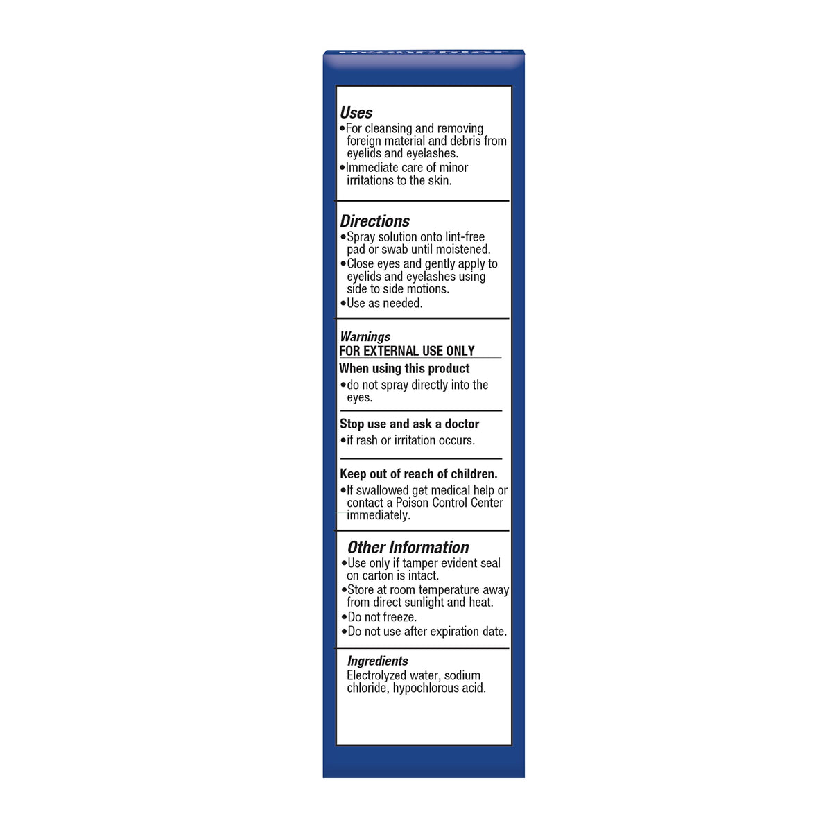OCuSOFT HypoChlor Spray back view with ingredient list