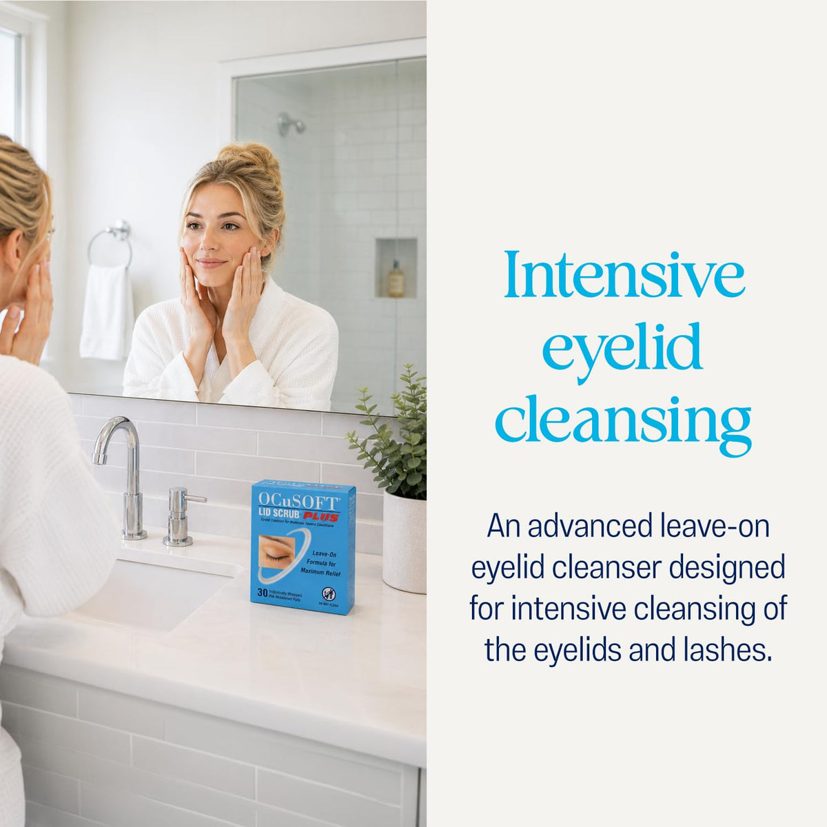OCuSOFT Lid Scrub Plus pads displayed on a bathroom counter