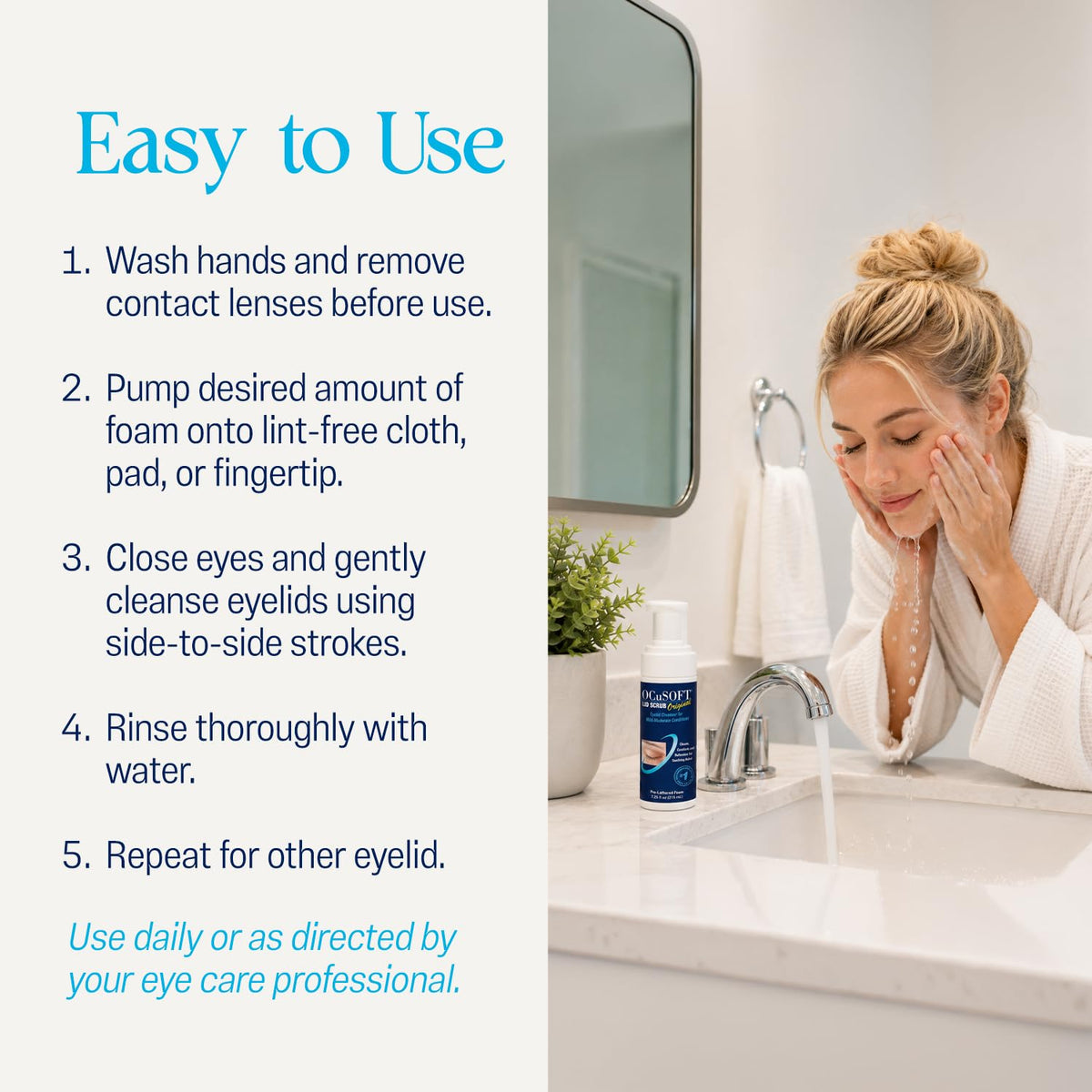 OCuSOFT Lid Scrub used in a bathroom setting